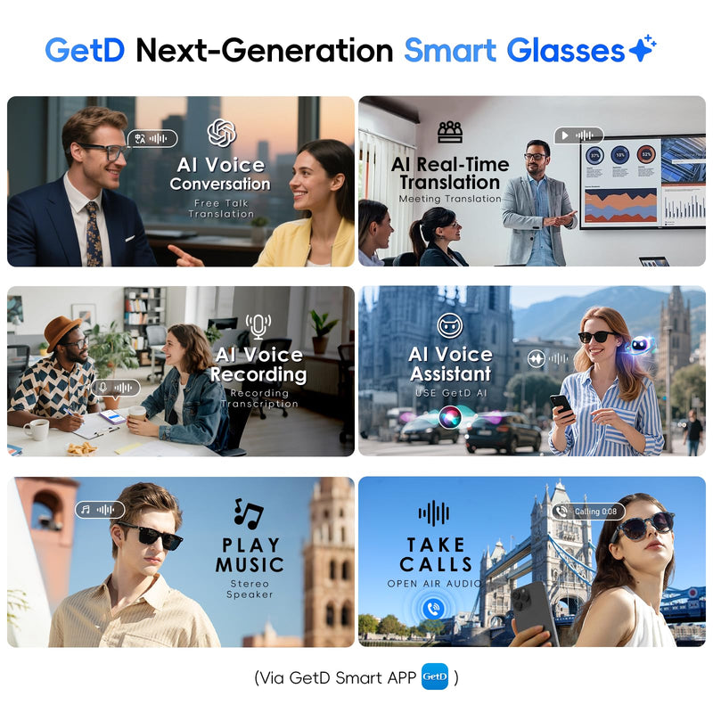 GetD AI Glasses, Smart Glasses Powered by ChatGPT, Real-Time AI Translation | Anti-blue light lens, AI translation in 145 languages, Hands‑free calls, Immersive audio, Holds AI conversations