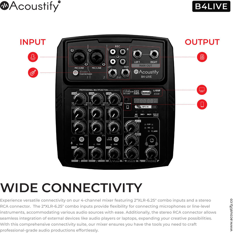 B4-Live 4-Channel DJ Mixer with Bluetooth, USB Playback, Recording, 48V Phantom Power, and Effects – Professional DJ Audio Mixer for Live Sound, Podcasting, and Studio Recording