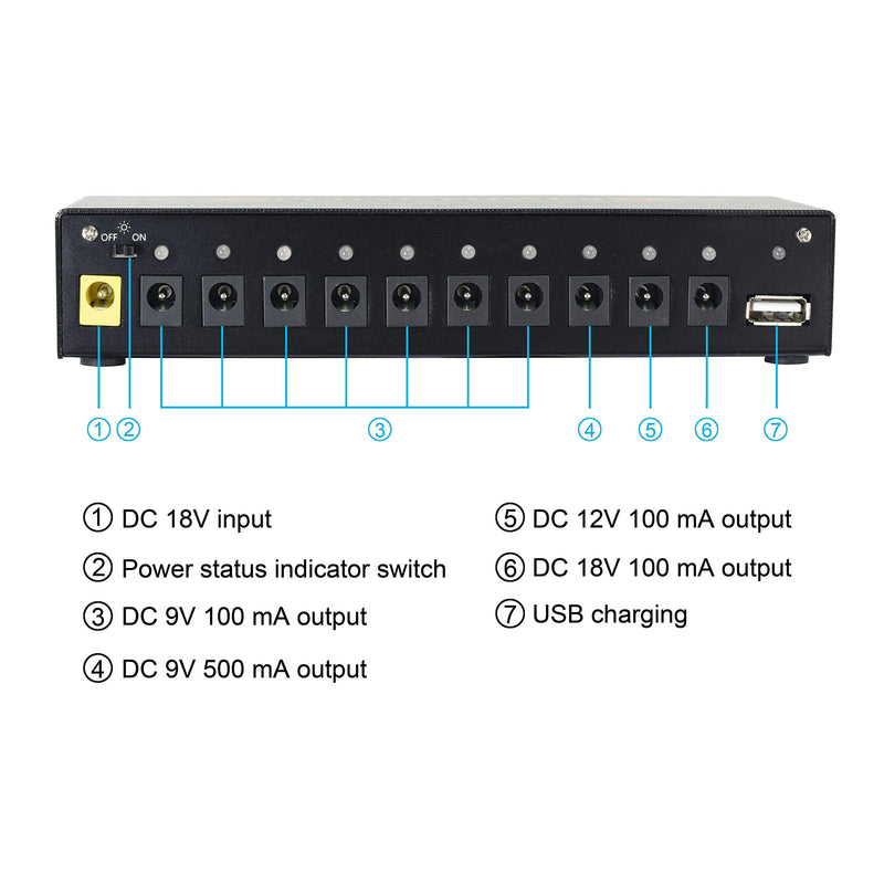 VSN Guitar Pedal Power Supply 10 Isolated DC Output for 9V/12V/18V Guitar Bass Effect Pedals with USB Ports Blue Power Supply