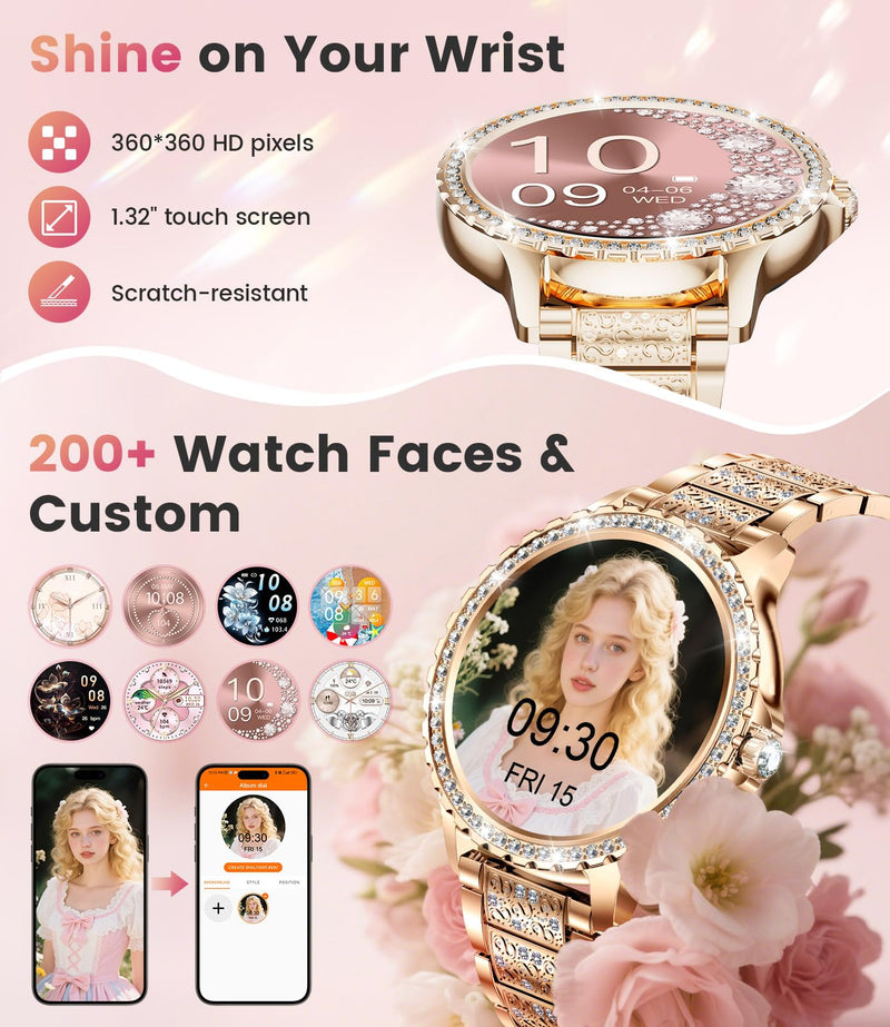 FITFLEX Smart Watches for Women, 1.32" HD Smartwatch Women with Bluetooth Call/Notification, IP67 Waterproof Fitness Watch with Sports Tracking/Sleep Monitor Compatible with Android iOS Phone, Gold