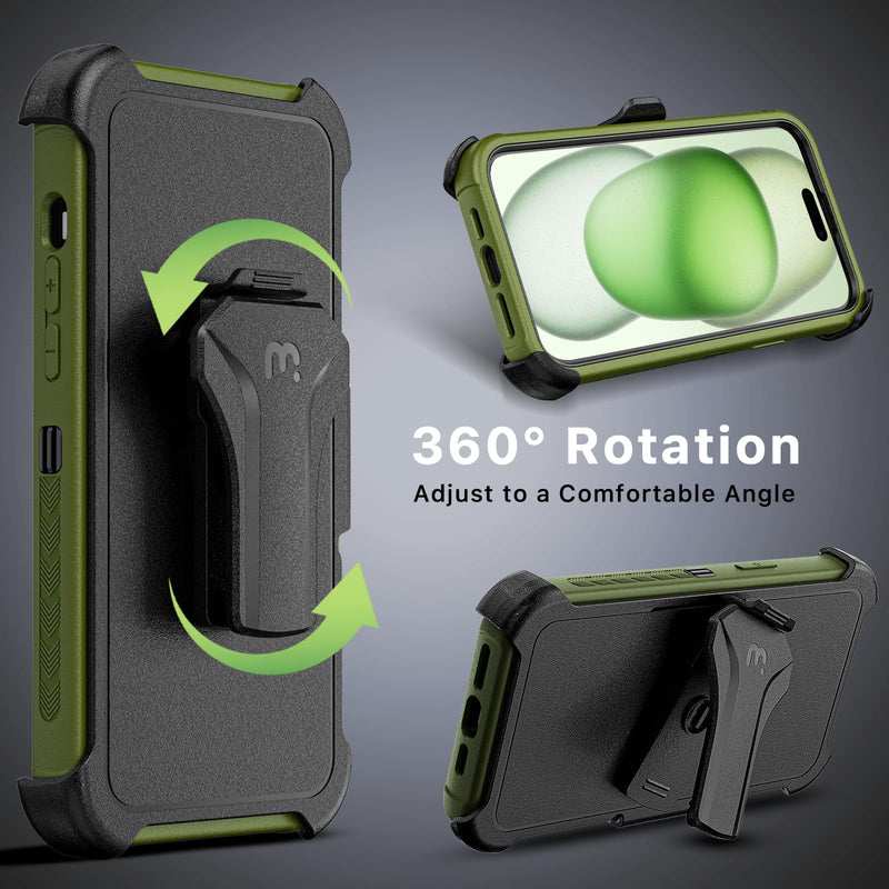 MYBAT PRO Maverick Series iPhone 15 Plus Case – Heavy‑Duty Military Drop Protection, MagSafe Compatible, Built‑in Screen Protector, Removable 360° Belt‑Clip Kickstand, Anti‑Fingerprint Grip iPhone 15 Plus Army Green