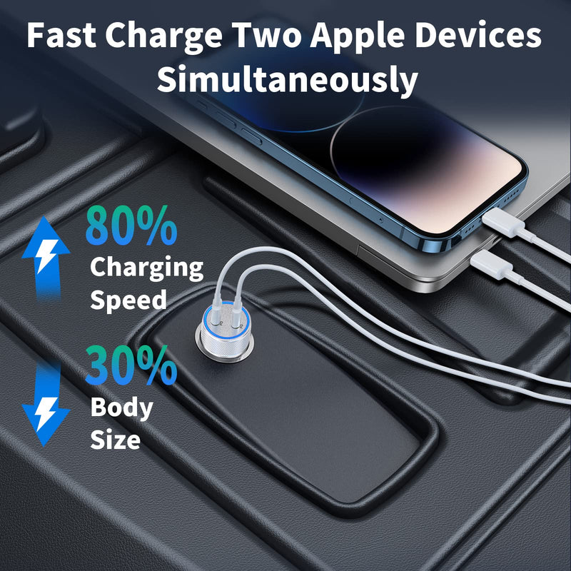 【MFi Certified】iPhone Fast Car Charger, Linocell 60W Dual PD USB-C Car Charger Fast Charging Cigarette Lighter+2Pack Type-C to Lightning Cable for iPhone 14 13 12 11 Pro XS Max Mini XR X iPad AirPods Titanium Silver