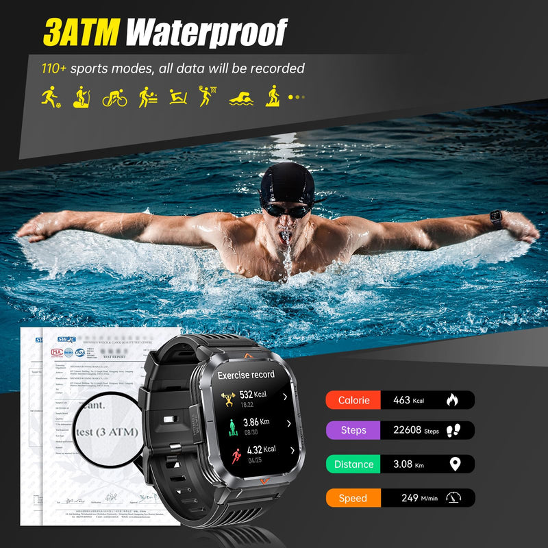 Military Smart Watches for Men Make/Answer Calls 2.02'' HD with Flashlight | Outdoor Sports Smartwatch Compass Big Battery SOS Heart Rate/Sleep Monitor 3ATM Waterproof Fitness Watch for iOS/Android