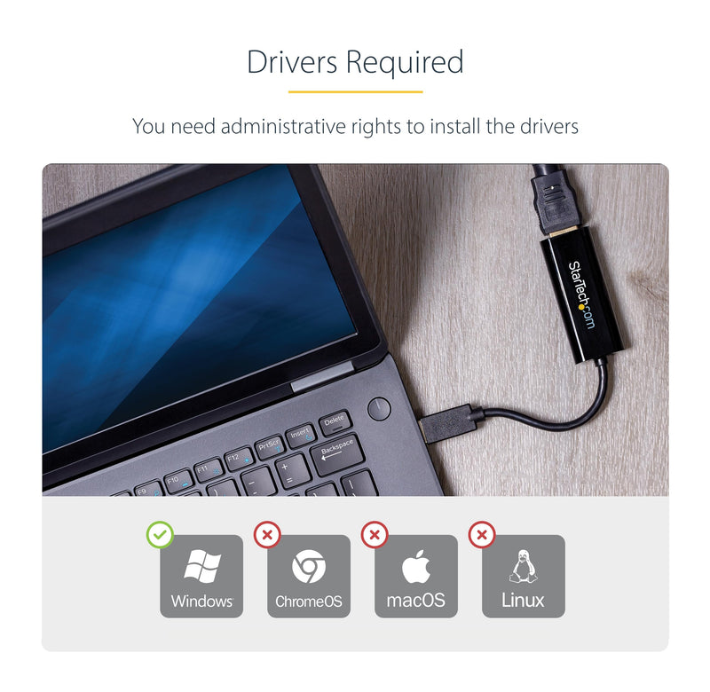 StarTech USB-A 3.0 to HDMI Converter, 1080p60, Windows Driver Required, TAA | USB 5Gbps, Single monitor, 2ch audio, Full HD, Windows X86/X64/ARM only, No macOS ChromeOS or Linux
