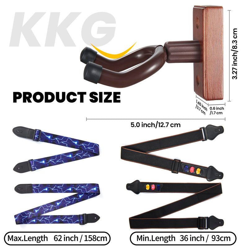 [AUSTRALIA] - KKG 2pack Guitar Wall Mount Wood Hanger,and 2pack Guitar Strap with Guitar Pick and Strap Button Accessories for Safe Storage and Display for Acoustic Electric Guitar Bass Banjo and Instruments. A:2 Hanger& 2 Strap 