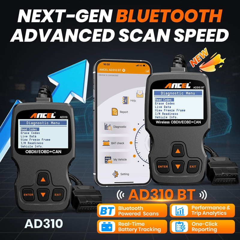 [AUSTRALIA] - ANCEL AD310BT Enhanced Bluetooth OBD2 Scanner, 2-in-1 Car Engine Fault Code Reader for iPhone & Android, Battery Test, Trip Analysis, Performance Test, Car Diagnostic Scan Tool for All Vehicles 1996+ 