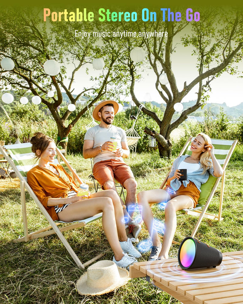 [AUSTRALIA] - Portable Bluetooth Speaker Wireless with 9 Color Lights, 20H Playtime, Stereo Pairing, Deep Bass, IPX6 Waterproof, Bluetooth 5.3, Small Speaker for Home, Party, Outdoor, Camping, Beach, Gift Black 