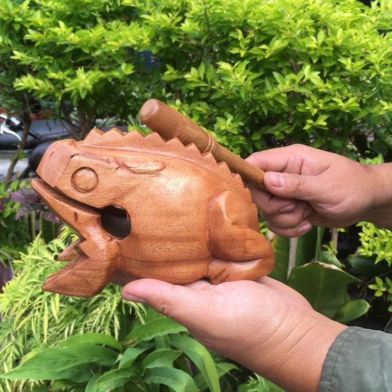 Large 7" Wood Frog Guiro Rasp Percussion Instrument Tone Block Frog Animal Shaped Figurine Wooden Handcraft Musical Lucky Frog Home Office Decoration (Tan) Tan