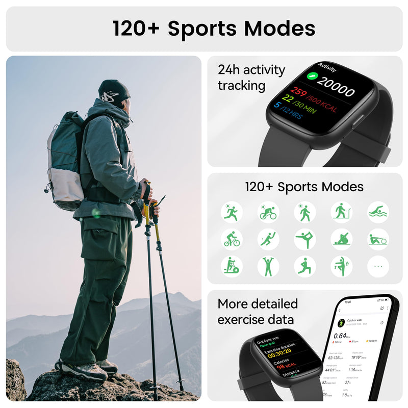 Smart Watch with Alexa Built-in, 1.83" HD Touchscreen Fitness Tracker with Bluetooth Calling, Fitness Watch with Heart Rate/Sleep Monitor, 120+ Sports Modes, IP68 Waterproof Smartwatch for Android iOS Black