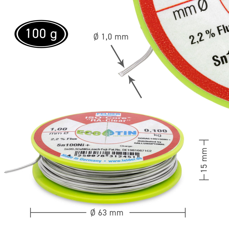 GALLUNOPTIMAL by FELDER Soldering Wire Sn100Ni+ for Stronger Oxidized Soldering Points | 1.0 mm | 100 g Spool | Lead-Free with 2.2% Flux RA-Clear | REM1 | for Electronics, Cables and Electrical 100g Spule / 1,0mm Durchmesser