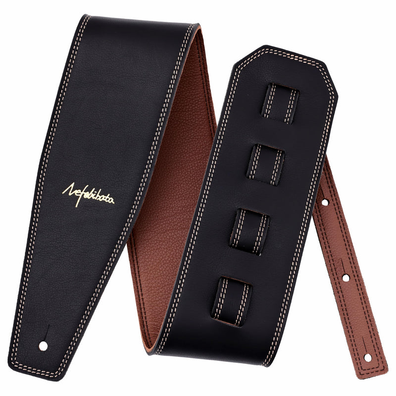 Nefelibata Guitar Strap Black, Soft Full Grain Leather, 3.8" Wide, Adjustable Length 49" to 57" with Foam Padding for Bass, Electric, and Acoustic Guitars