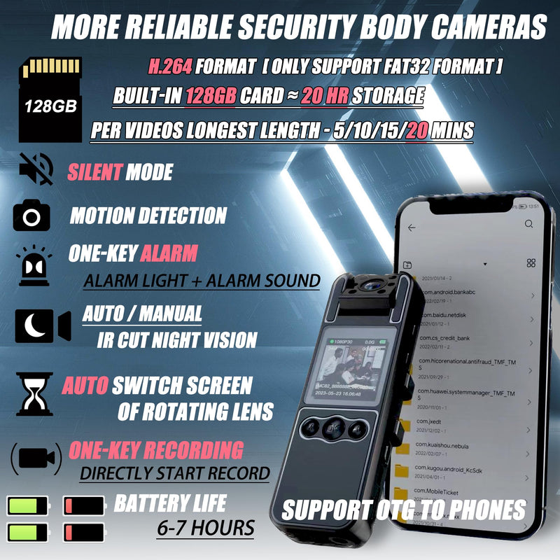 [AUSTRALIA] - Body Camera with Audio and Video Recording, HD 1080P Body Cam with 180° Rotating Lens, 6HR Battery, IR Cut Auto Night Vision, 128GB Body Worn Camcorder, for Personal Civilians, Police Law Enforcement 
