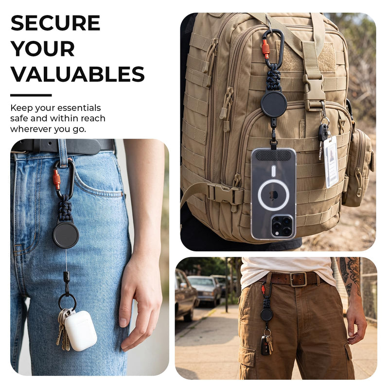 Anti Theft Retractable Steel Phone Lanyard with Carabiner & 360° Tether Tab For Skiing, Hiking, Fishing, Travel. Black