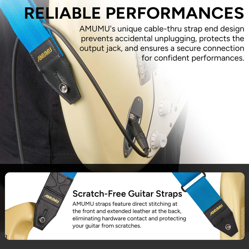 Amumu DURALINK Nylon Seatbelt Guitar Strap with Top Grain Leather Ends for Acoustic, Electric, Bass Guitar, with Quick-Fetch Pick Holder -Blue Blue