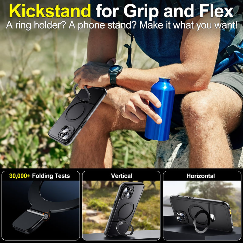 Hualele for iPhone 15 Waterproof Case Ultra Magnetic with Stand, Built-in Screen & Lens Protector [IP68 Underwater][Military Dropproof] [Compatible with MagSafe] Kickstand Case-Grey Black/Grey