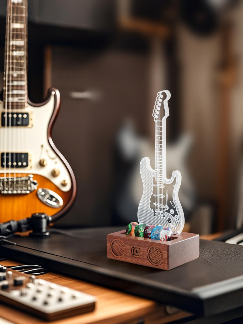 Light Up Guitar Pick Holder, Acrylic Electric Guitar Pick Holder with Audio Styling Wooden Base for Picks Storage and Display, Gift for Guitar Players Guitarists