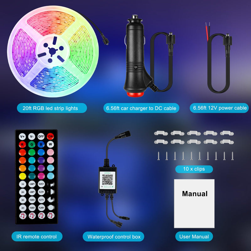 [AUSTRALIA] - RV Awning Lights, 20ft 12V LED Light Strip with Remote and App Control, Waterproof RGB RV Exterior Light for Motorhome Camper Travel Trailers Food Trucks, RV Outdoor Lights 1 Pack 