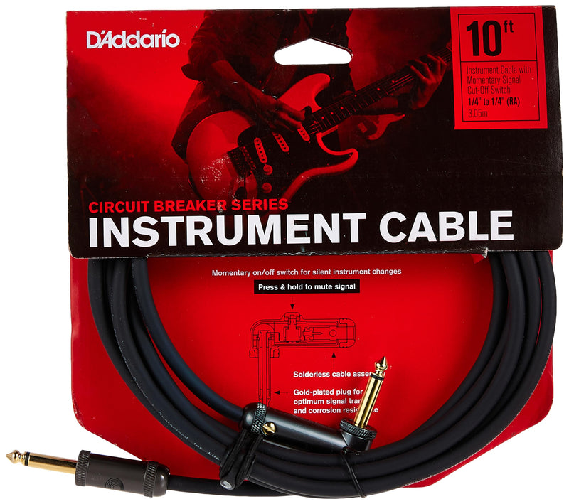 D'Addario Guitar Cable - Guitar Lead - Gold Plated - 1/4 Inch Male to 1/4 Inch Male - Circuit Breaker Cable - 10 Feet/3.05 Meters - Straight End/Right Angle - 1 Pack Right Angle