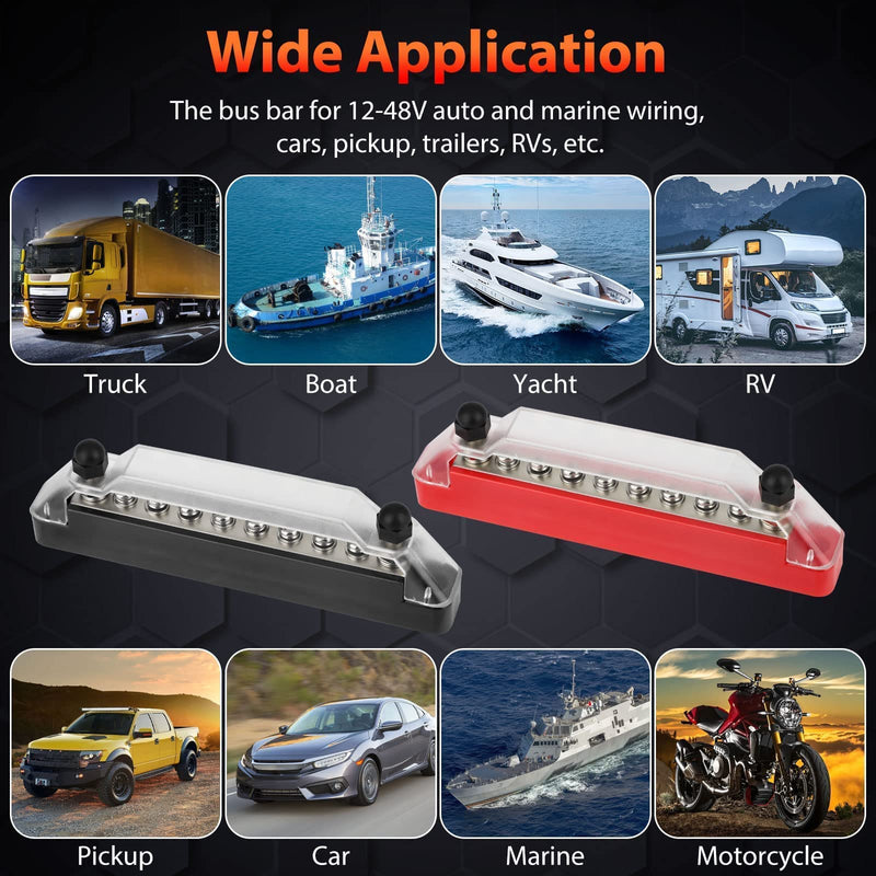 12V Bus Bar, Red Black Battery Power Distribution Block, Terminal Block M6 Terminal Studs M4 Terminal Screws, Busbar with Ring Terminals Cover, for Automotive Car Boat Marine RV Truck, Max 48V 150A