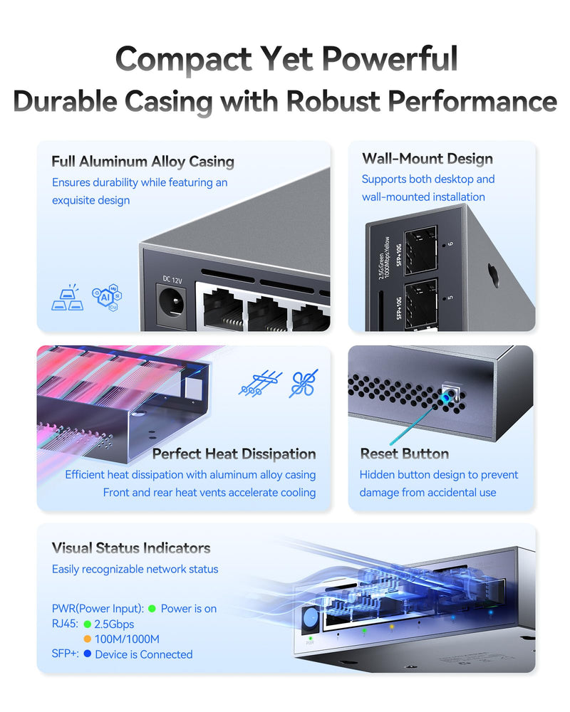 6-Port 2.5G Web Managed Ethernet Switch, VLAN/QoS/STP/IGMP/LACP Supported, Fanless Easy Smart 2.5Gb Network Switch, Aluminum Housing, Desktop/Wall-Mount Web管理 | 4×2.5G RJ45+2×10G SFP+
