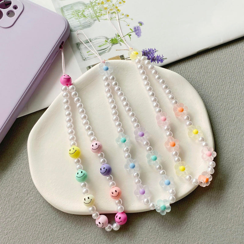 Beaded Mobile Phone Lanyard Wrist Strap Y2K Cute Phone Charms Smiley Face Flower Phone Anti-Lost Chains for Women Girls Style #1-Smiley Flower 3pcs