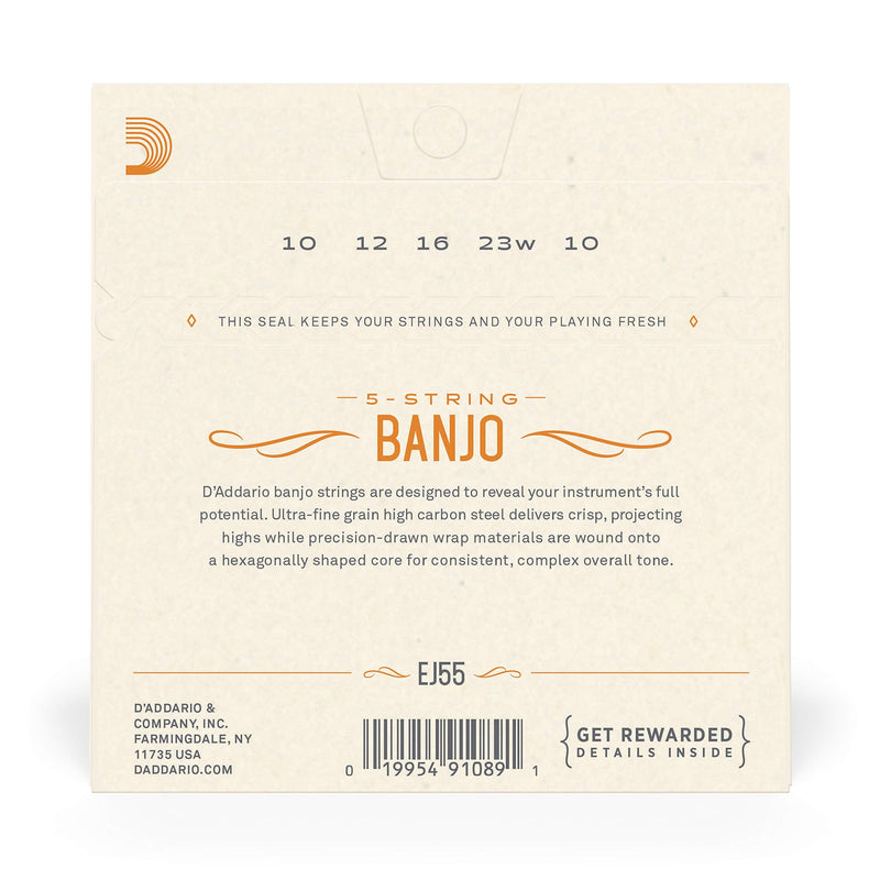 D'Addario EJ55 Banjo Strings 5 String Set - Banjo Strings Set - Phosphor Bronze, Medium, 10-23 Tenor Banjo, 9-30 Nickel