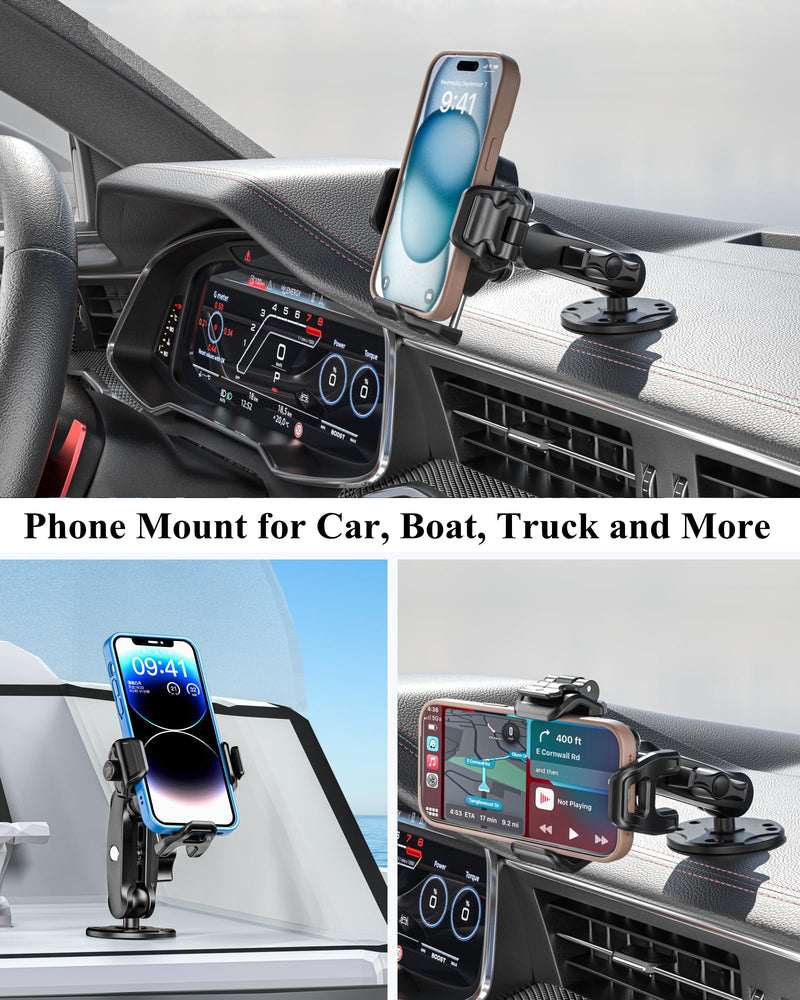 BRCOVAN Anti-Theft Phone Mount Holder with Vibration Dampener, 1s Locking | Don't Block Camera, with Aluminum Round Base & Medium Arm, for Car Boat Truck Motorcycle UTV, Fit 5.4-7.2'' Smartphones