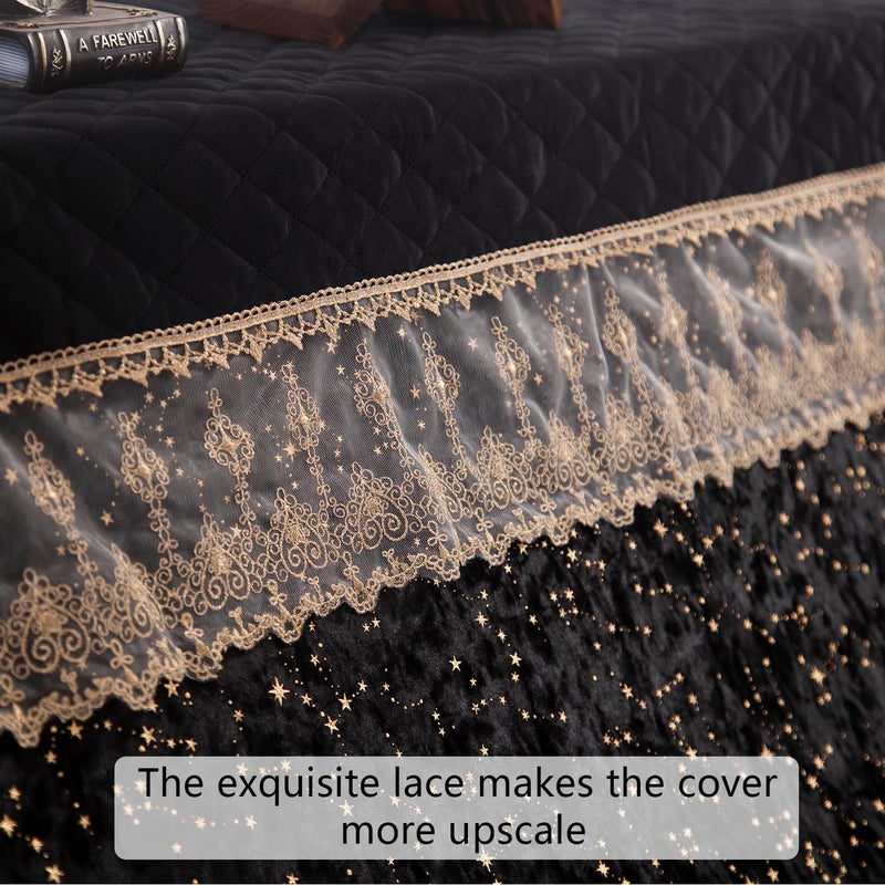 Luxury Velvet Piano Cover for Upright Pianos, Black with Gold Stars and Lace Trim, Quilted Top