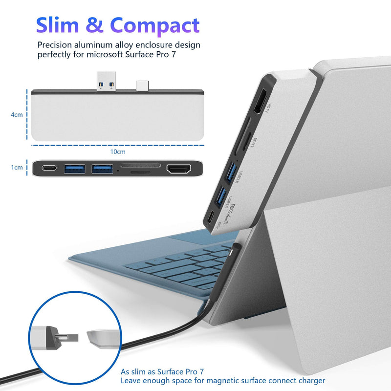 Surface Pro 7 USB C Hub, 6-in-2 Aluminum Surface Pro 2019 Dock with 4K HDMI Adapter+ USB C Audio & Data Transfer Port +2 USB 3.0+SD/TF Card Reader, Converter Combo Adaptor for Microsoft Surface Pro 7
