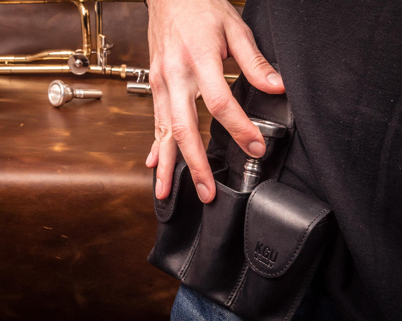 Trombone/Euphonium MOUTHPIECE HOLDER. Genuine leather carrying bag. Compact Mouthpiece Holder. Protection Case for Trombone/Euphonium Mouthpiece. Gift Idea Trombonist (Triple, Black) Triple
