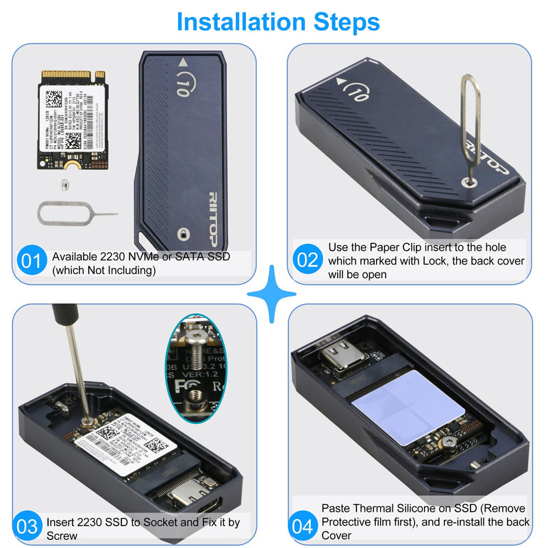 M.2 2230 Enclsoure 10Gbps, RIITOP Small M.2 NVMe to USB-C Reader with Aluminum Case for Both (M Key) NVMe and (B+M Key) SATA SSD only in Size 22x30mm
