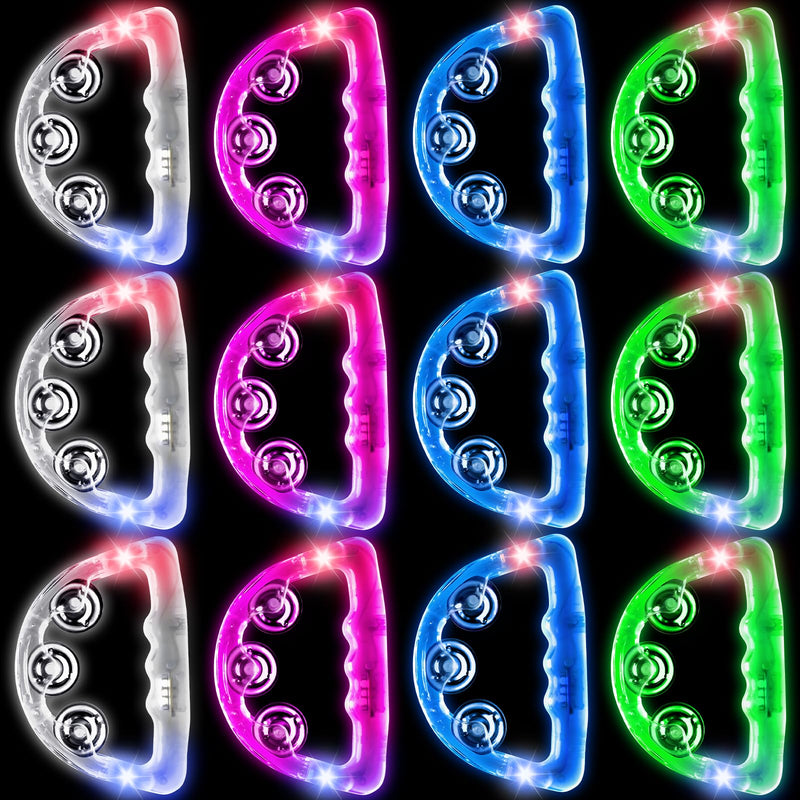 12 Pieces Light Up Tambourine, LED Tambourines for Adults Kids, Musical Flashing Tambourine Glow Tambourines Handheld Percussion Instrument for Wedding Party