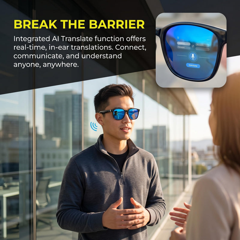 APOPHENIA AI Smart Bluetooth 5.4 Translation Sunglasses,Open-Ear Audio Glasses,144+Languages Real-Time Translator,Polarized UV400,Travel Business (Black Frame Grey Lens)