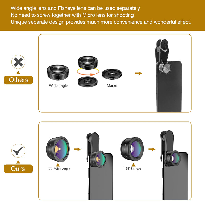 Upgraded 3 in 1 Phone Camera Lens kit-198° Fisheye Lens + Macro Lens + 120° Wide Angle Lens,Clip on Cell Phone Lens Kit Compatible with iPhone Samsung Android Smartphones