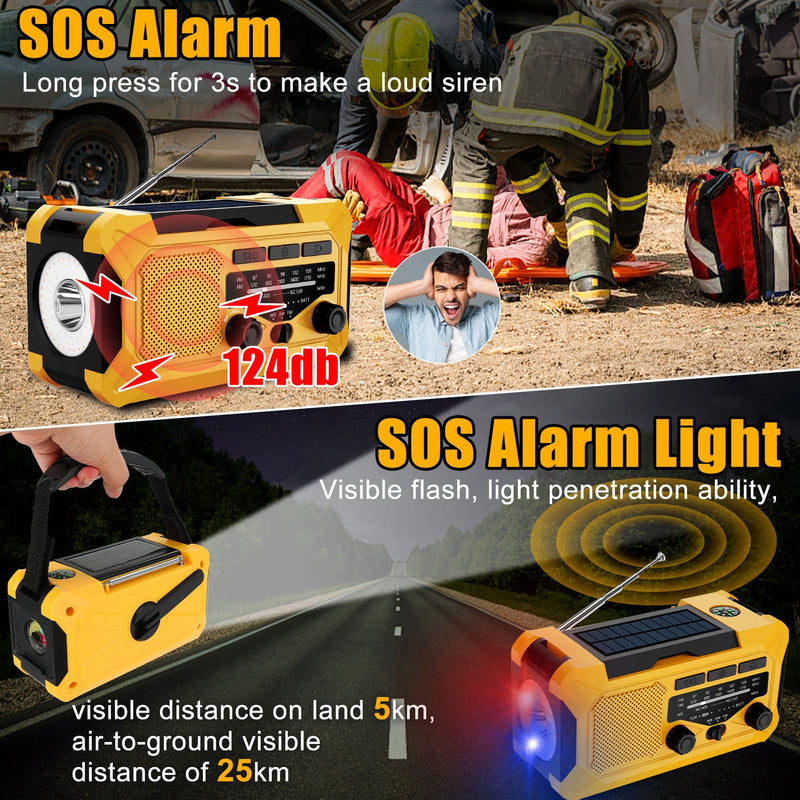 10000mAh Emergency Hand Crank Radio with LED Flashlight, AM/FM NOAA Portable Weather Alert Radio, Solar Powered Radio with Phone Charger, USB Charged, Headphone Jack, SOS Alarm, Compass (Yellow) yellow