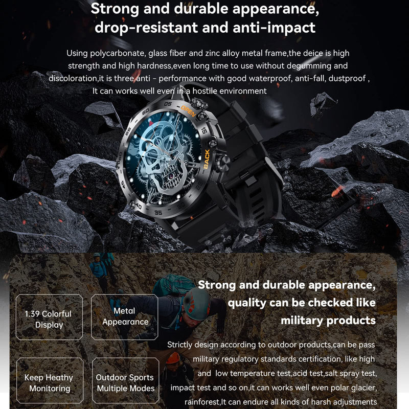 Diyeeni K52 Smart Watch for Men, Outdoor Bluetooth Sports Watches, 1.39in HD Fitness Sleep Monitor for Android iOS, with Pedometer Sport Mode