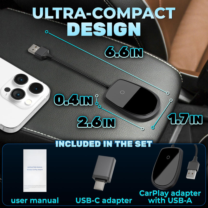 Wired to Wireless Adapter for Car Compatible with Apple CarPlay - Wireless Car Adapter with Internet, Easy Plug & Play - Updated 2025, Works with iOS 10+ & Android11+ that Support Bluetooth Connection