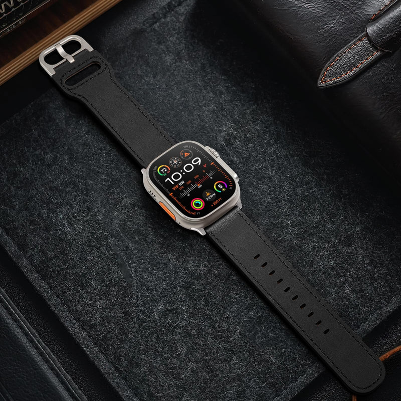 Compatible with Apple Watch Bands 42mm (Series 10) 41mm 40mm 38mm for Men Women, Top Grain Genuine Leather Band Strap Wristband for iWatch, Black/Black+Black/Titanium
