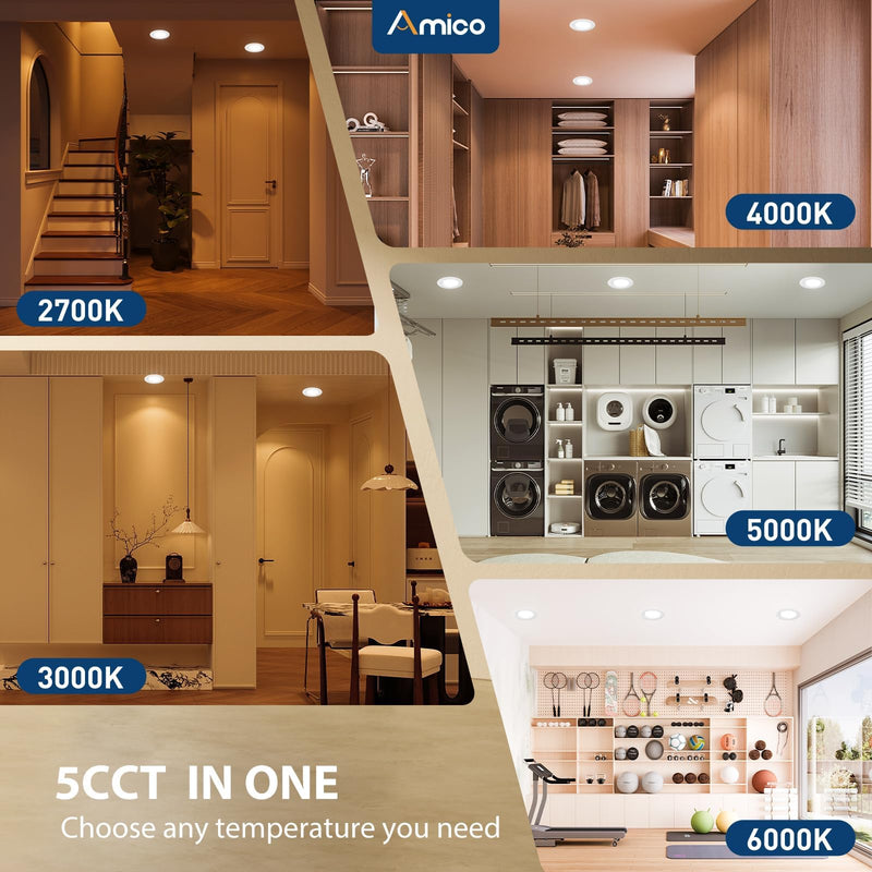 Amico 2 Pack 5/6 inch Motion Sensor Recessed Light, 12.5W=100W, 950LM, 2700K/3000K/4000K/5000K/6000K Selectable, LED Retrofit Can Lights, IC Rated - ETL & FCC, White