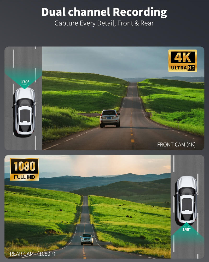 AZDOME 4K Dash Cam Front and Rear 1080P, Free 64GB Card Included, 5.8GHz WiFi Dual Dash Camera for Cars, 3" IPS Screen Dashcam, Car Camera with G-Sensor, 170°Wide Angle,24H Parking Mode Voice Control M17pro