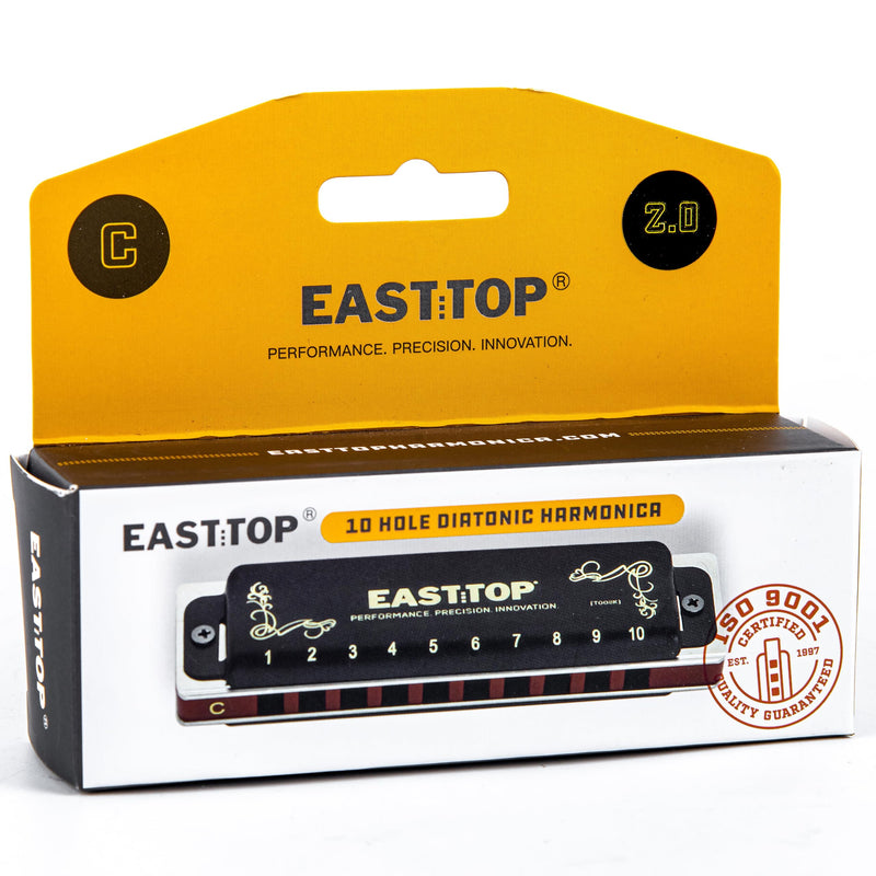[AUSTRALIA] - EAST TOP T008K 2.0 Update Harmonica Key of D, 10 Holes Diatonic Mouth Organ with Zipper Case, Standard Deluxe Harmonica For All Levels, Professionals, Beginners and Students, as a Gift BLACK-D 