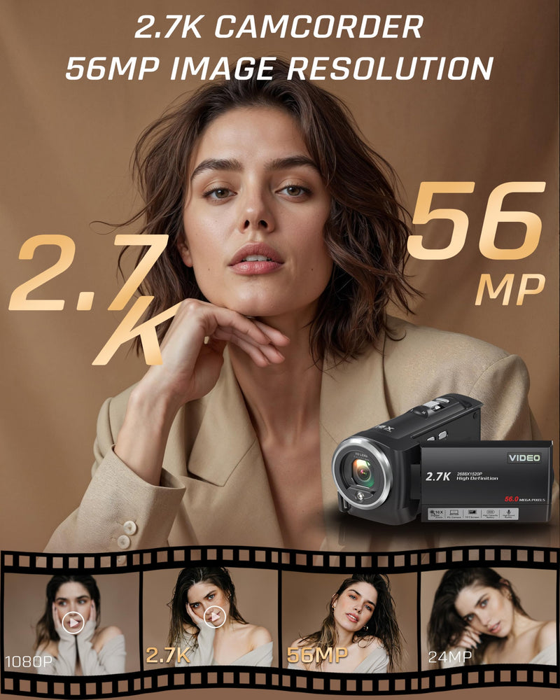 Video Camera Camcorder, QHD 2.7K 56MP 16X Digital Zoom Vlogging Camera | 2.8" 270° Rotatable Screen Camcorder, Built-in LED Fill Light Camcorder for YouTube with 32GB Card and Two Batteries Charcoal