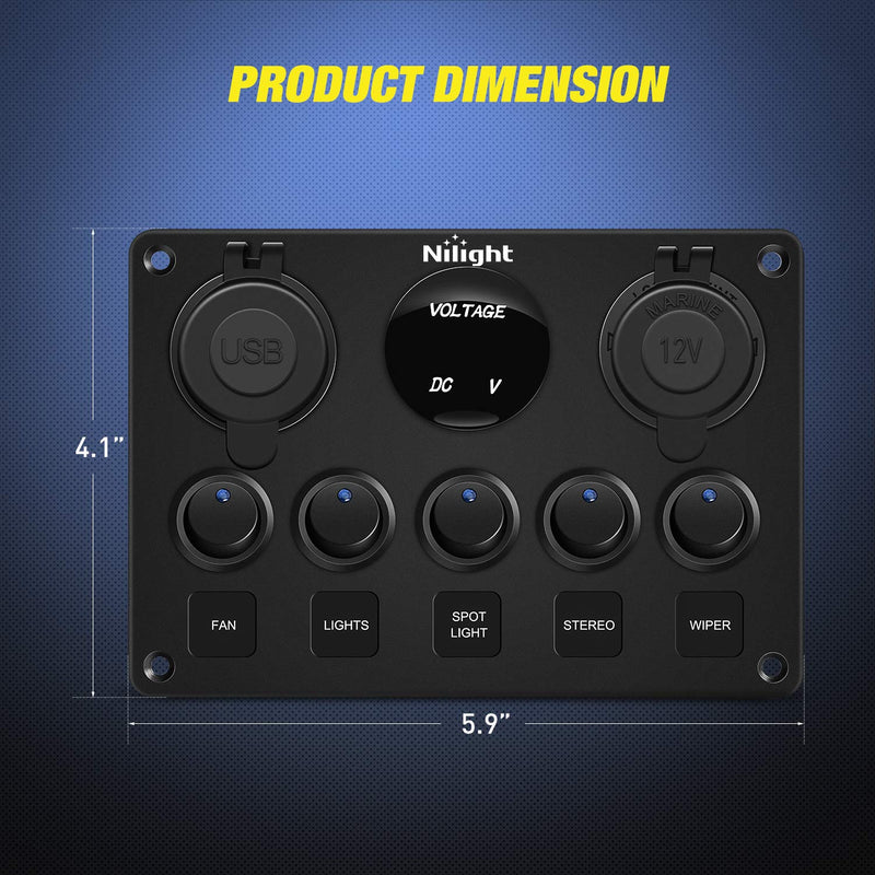 Nilight 90101E 5Gang Multi-Function 5 Gang Rocker Dual USB Charger + Digital Volmeter +12V Outlet Pre-Wired Switch Panel with Circuit Breakers for RV Car Boat Truck Trailer,2 Years Warranty,Blue Blue