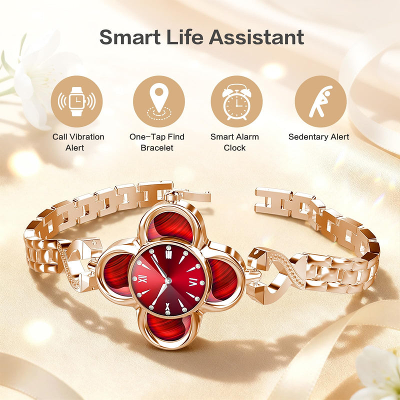 Red Clover Design Smart Watch for Women, Elegant Quartz Fitness Tracker with 24/7 Heart Rate SpO2 Monitor, Sleep Tracking, IP68 Waterproof Smart Bracelet, Message Notifications for Android iPhone