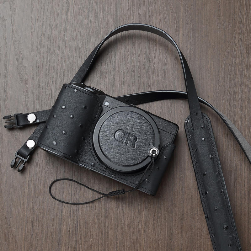 Quick Release Leather Camera Neck and Shoulder Strap | Genuine leather neck and shoulder strap with lightweight comfort and quick-release ends for compact cameras Ostrich Black