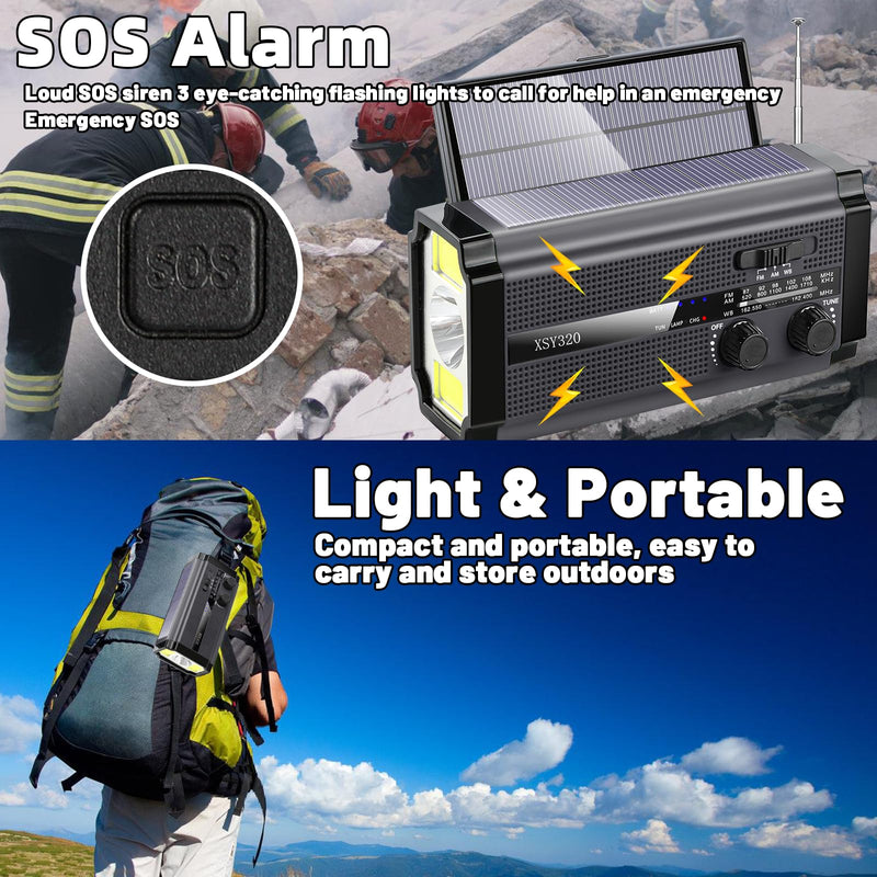 Emergency Crank Weather AM/FM Radio with 2 Solar Panels 5 Charging Modes NOAA Weather Scan 3 Modes Flashlight Cell Phone Charger SOS Alarms for Home Outdoor (Gray) Gray