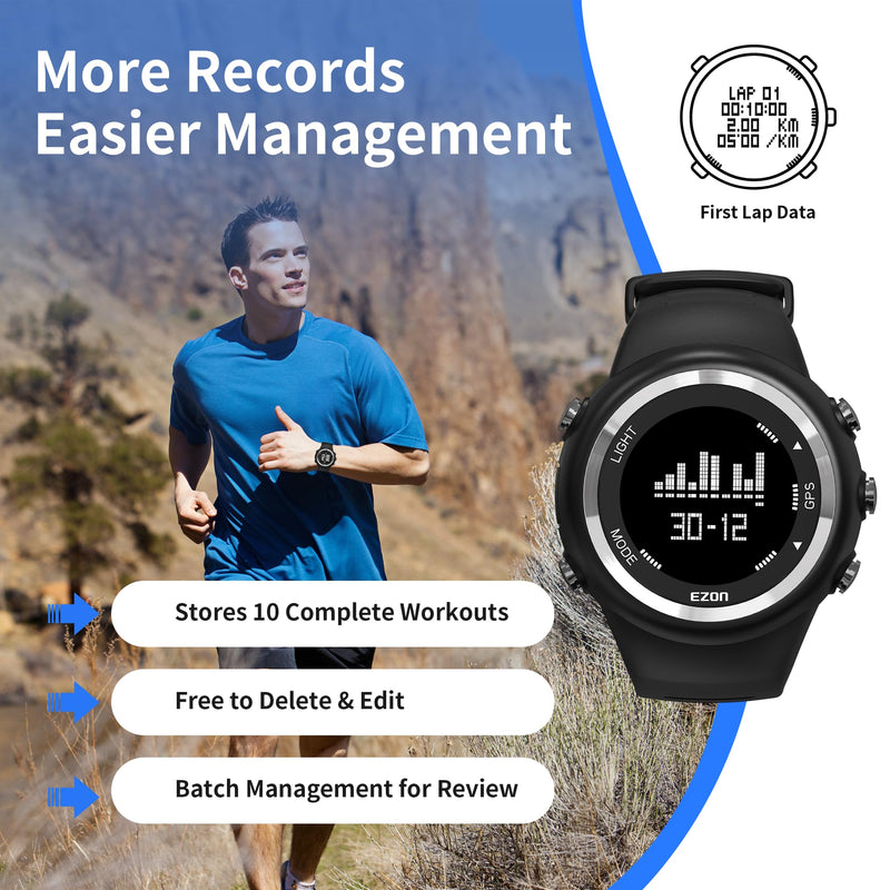 EZON GPS Running Watch with Speed Distance Pace Alarm and Calorie Counter and Stopwatch for Men T031 Black Athletic