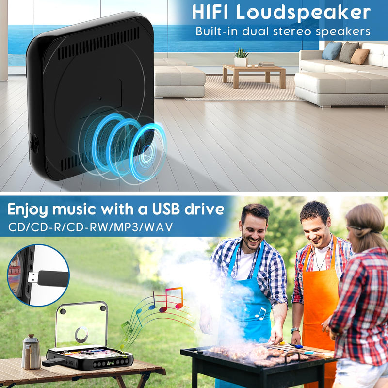 Portable CD Player with Bluetooth, Rechargeable Small CD Player, Built-in HiFi Speakers, Walkman CD Player with Headphones, LCD Screen, Support CD/AUX/USB/Repeat, Black