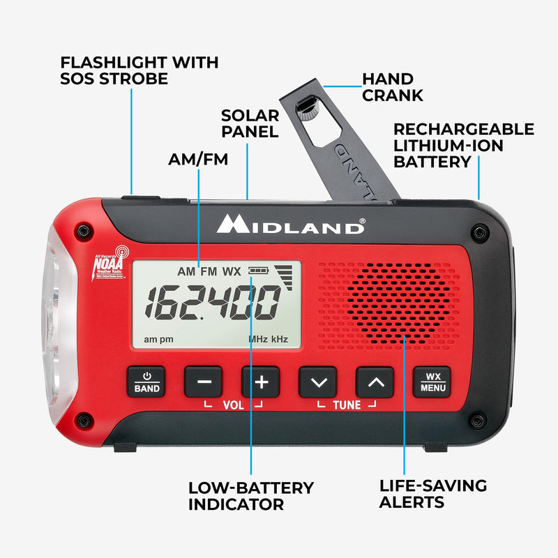 Midland ER50 Emergency Radio with Weather Alert and Flashlight - Hand Crank or Solar Power NOAA Weather Radio for Home or Travel with AM/FM Tuner