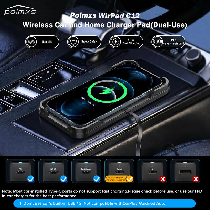 Wireless Charger Car Charging pad,Polmxs 15W Fast Wireless Phone Charger Cell Phone Cordless Charging mat Compatible with iPhone 11/12/12/14/15 Galaxy S21/S22/S23/24 (C12Y)
